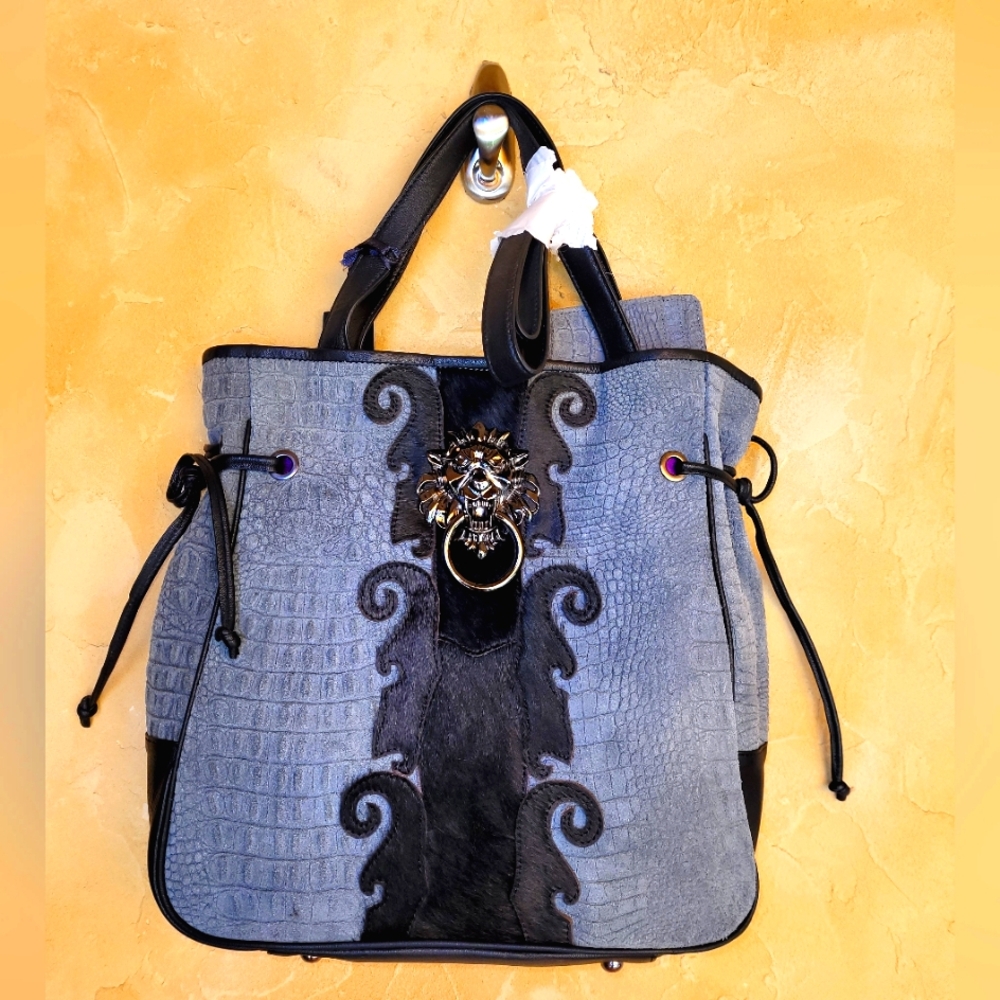 Rare Gunmetal Lion Head Door Knocker Suede & Leather Sharif 1827 Handbag. NWT